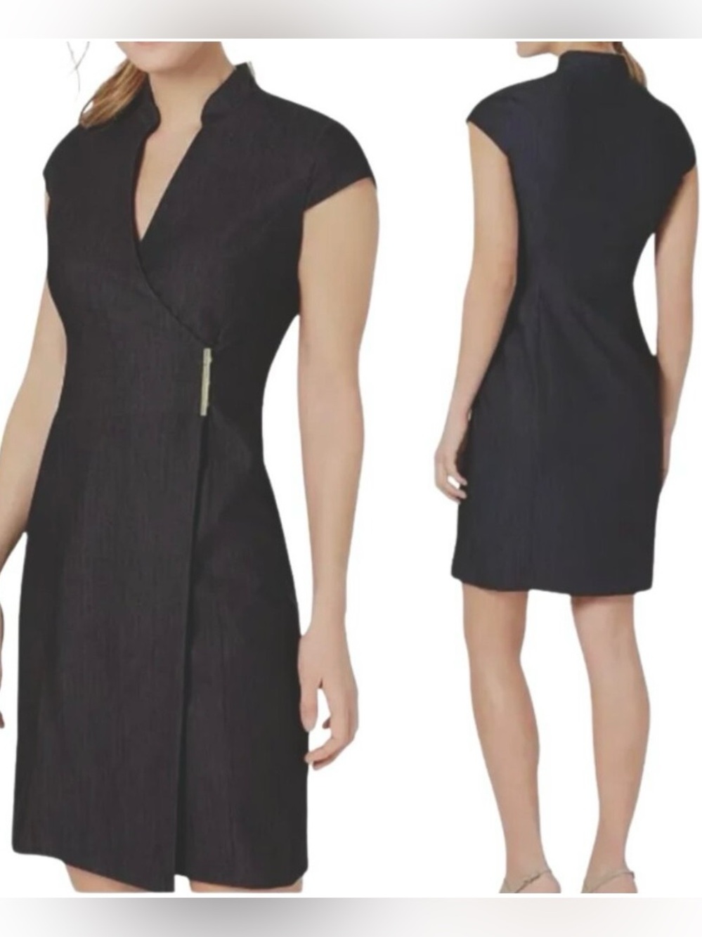 CALVIN KLEIN Career Cap SLV Wrap Detail Pop-Up V-Neck Black Sheath Dress SZ 6P